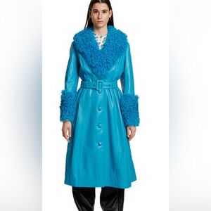 Saks Potts Vibrant Blue Shearling Trench Coat with Real  Fur